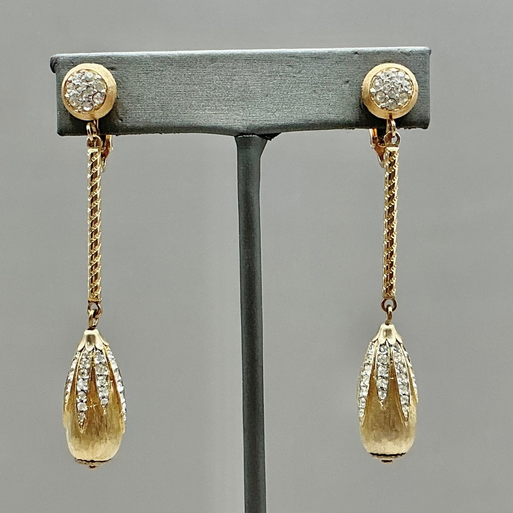 Drop Dangle Earrings Women Gold Tone Rhinestone Bud Tassel Vintage Clip On 2.5"